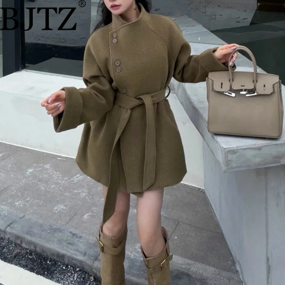 

BJTZ Temperament Office Lady Lace-up Waist Stand Collar Woolen Jacket For Woman 2025 Autumn Winter New Female Vintage Outwear