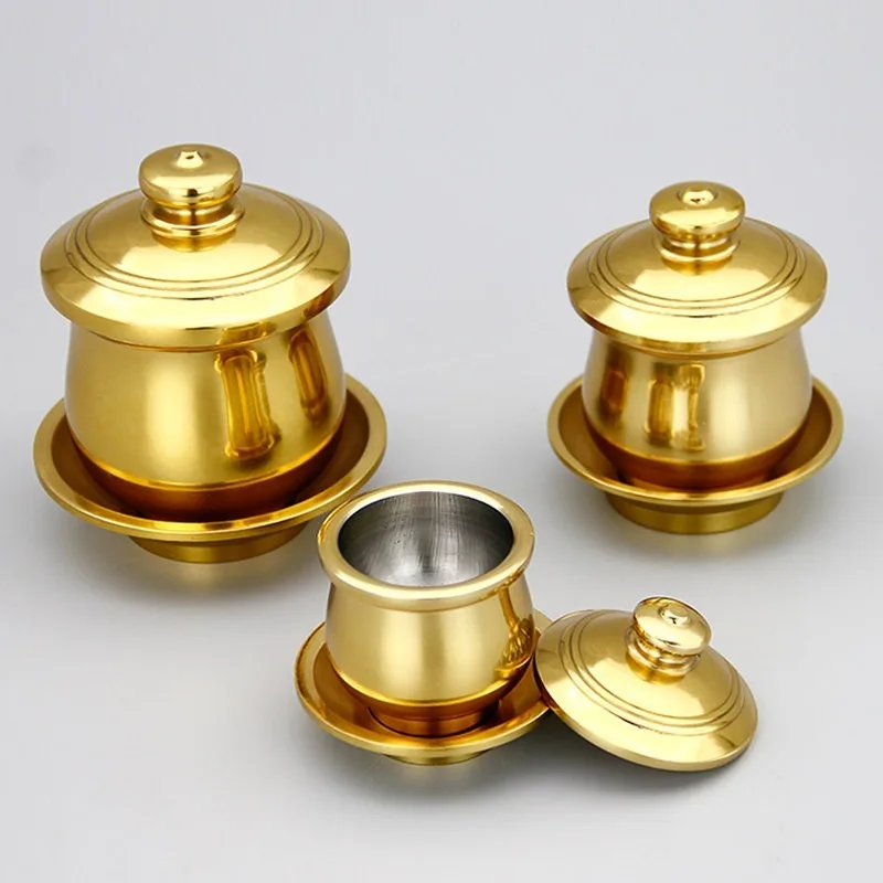 Brass Holy Water Cup With Tray Lid Buddhist Worship Offering Cup Temple Home Worship Ritual Supply