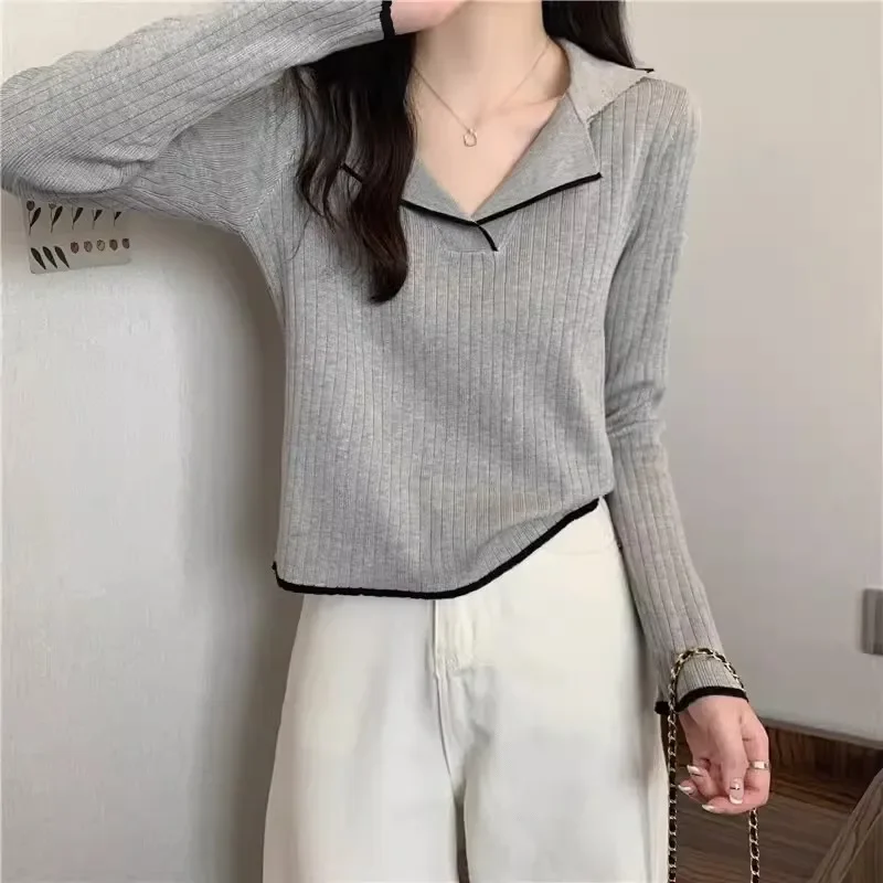 spring Autumn Women's Pullover multicolor Sweater polo collar Elastic Casual Slim base Sweaters Lapel Knitted y2k Bottoming Tops