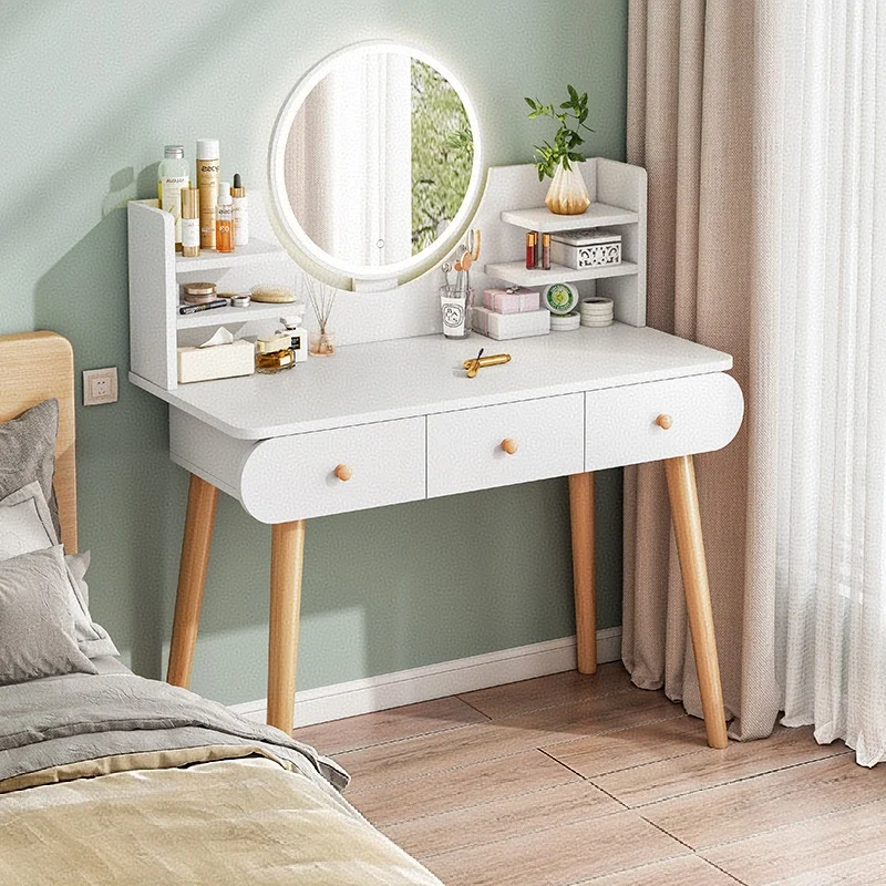 Modern Dressing Table Set, LED Touch Mirror Multi Drawer Easy Assembly Bedroom Makeup Vanity Desk