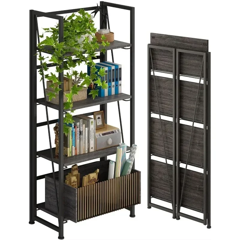 

4NM No-Assembly Folding Bookshelf Storage Shelves 4 Tiers Vintage Bookcase Standing Racks Study Organizer Home Office