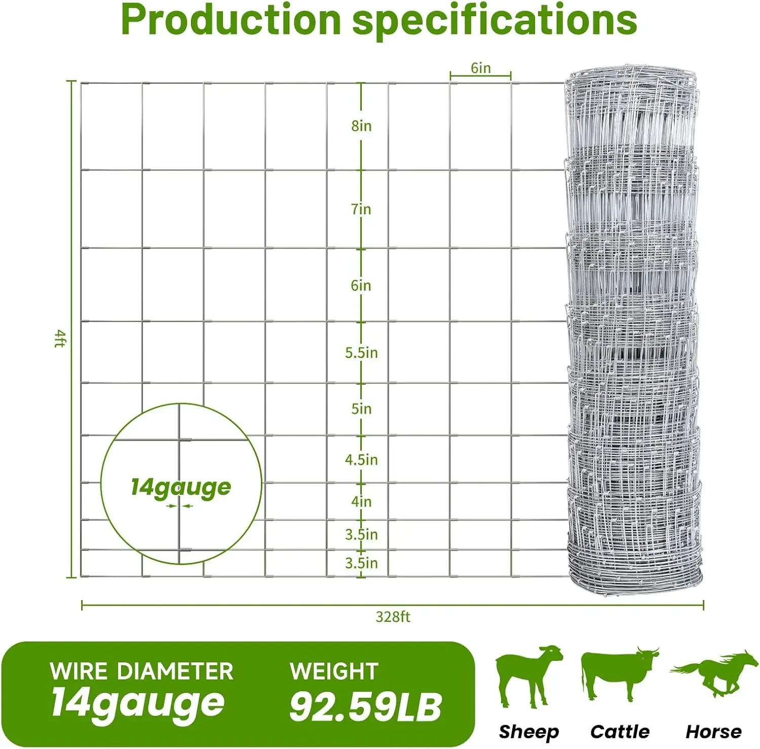 Cattle Panel 4ft x 328ft 14 Gauge Heavy Duty Galvanized Woven Wire Fence 12 Gauge Border 8in to 3.5in Mesh for Goat Sheep Hog De