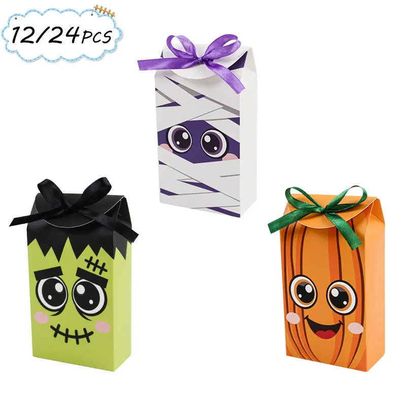 12/24 Stück Halloween Monster Deko Geschenkboxen, Frankenstein Mumie Kürbis Papier Party Geschenkboxen mit Band