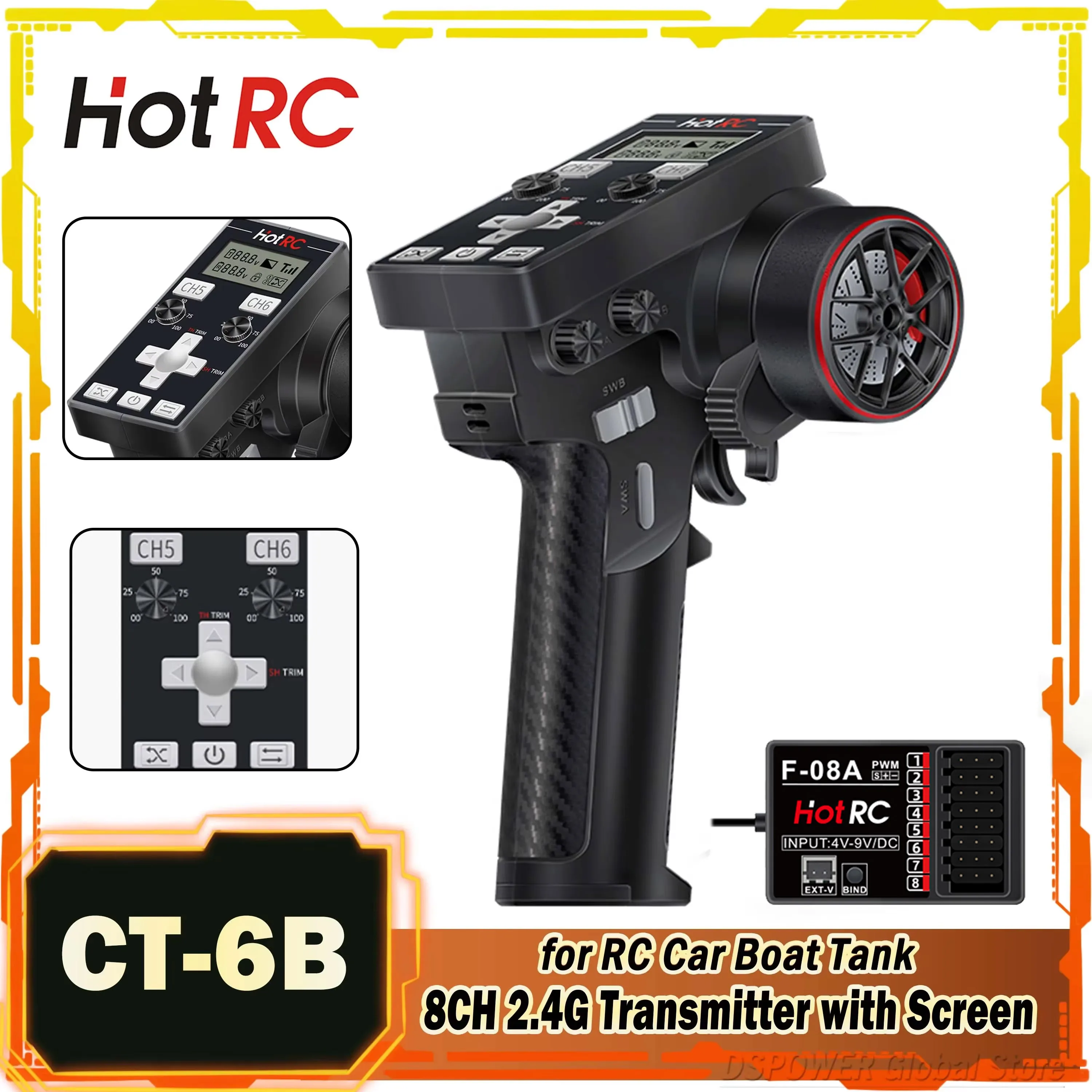 HOTRC 8CH CT-6B 2.4G Transmitter LCD Remote Control Radio System F-08A Receiver Voltage Return for RC Ship Model Car Boat Tank