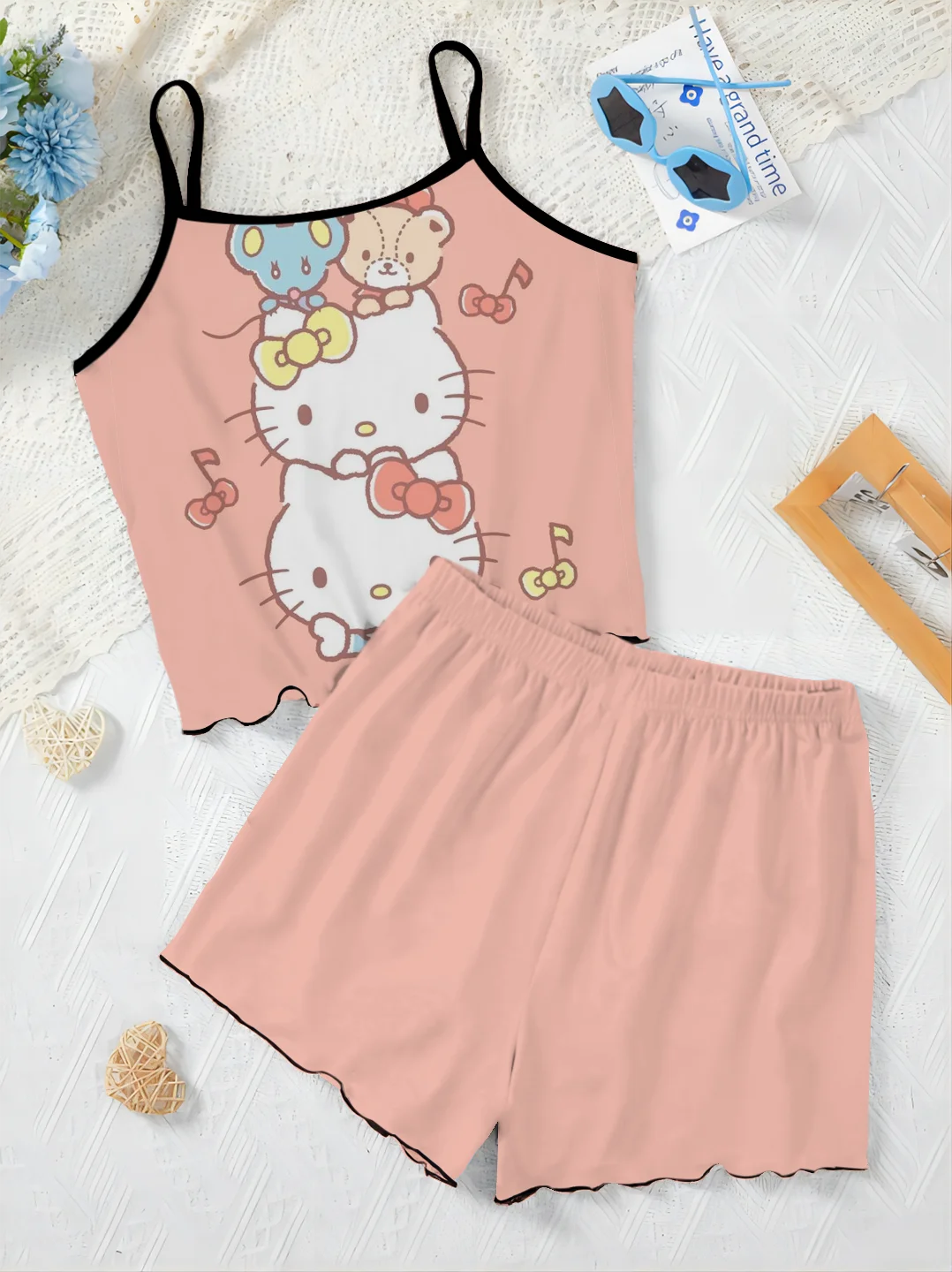 Pants Sets for Women 2 Pieces Home Dress Pajama Skirt Disney Summer Outfit Women's Suit Lettuce Trim Hello Kitty Top Short Top