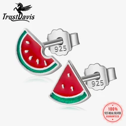 Trustdavis Real 925 Silver Fashion Asymmetric Summer Watermelon Stud Earrings for Women Daily Wear Jewelry Gift DS572