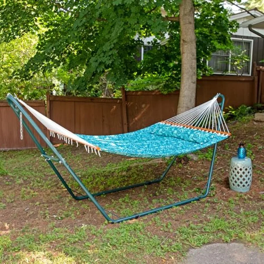 Sunnydaze Quilted Outdoor Hammock with Spreader Bars - Heavy-Duty 450-Pound Capacity Double Hammock for Outside - Cool Blue Tro