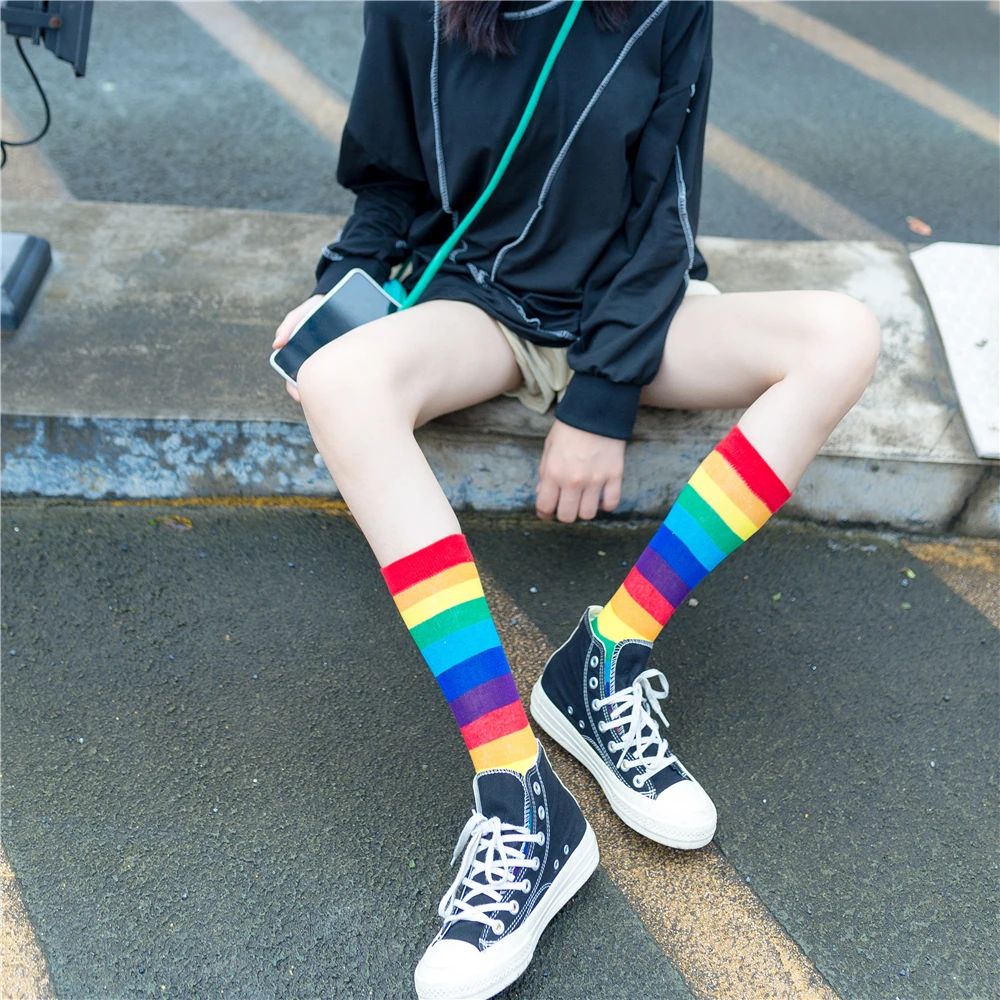 Women's Luxury Rainbow Colorful Striped Long Socks Cotton Elasticity Sweat Sporty Meias Casual Retro Harajuku Sokken Dropship