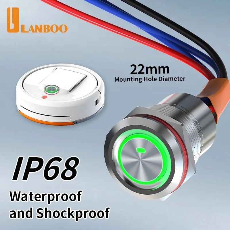 LANBOO 22mm High Quality IP68 Waterproof Dustproof Push Button Switch  16A 1NO 25mm 6A 2NO 150mm Pre-wired