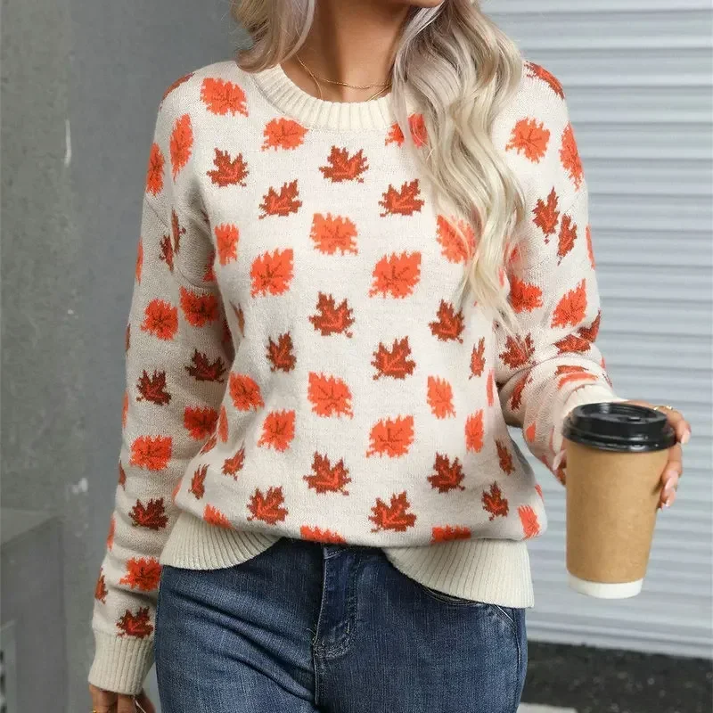 

2025 Autumn Winter Women Clothing Women Casual Sweaters O Neck Pullovers Warm Outerwear Maple Leaf Print Knitwear Tops Female