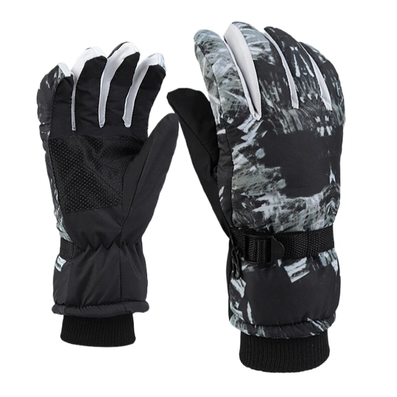 1Pair Ski Glove Winter Men And Women Cold Padded Thickened Cotton Waterproof Non-Slip Outdoor White Graffiti