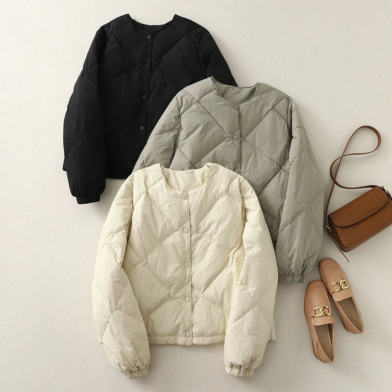 Winter Women's ort Puffer Jaet Diamond Pattern Design ey High-End Cotton Bread Sle Coat Vintage Loose Fit Long Sve