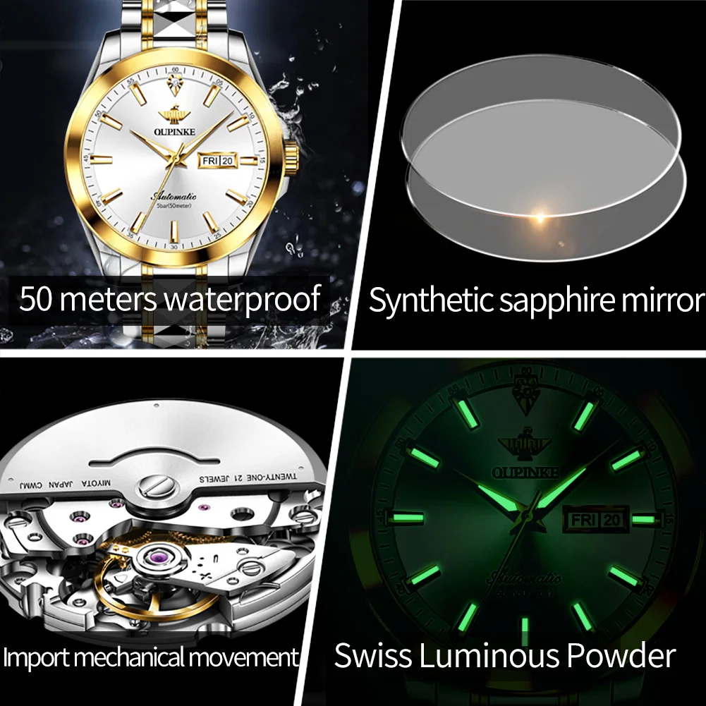 OUPINKE Luxury Top Brand Men\'s Watches Tungsten Steel Strip Automatic Mechanical Watch True Diamond Waterproof Date Male Watch