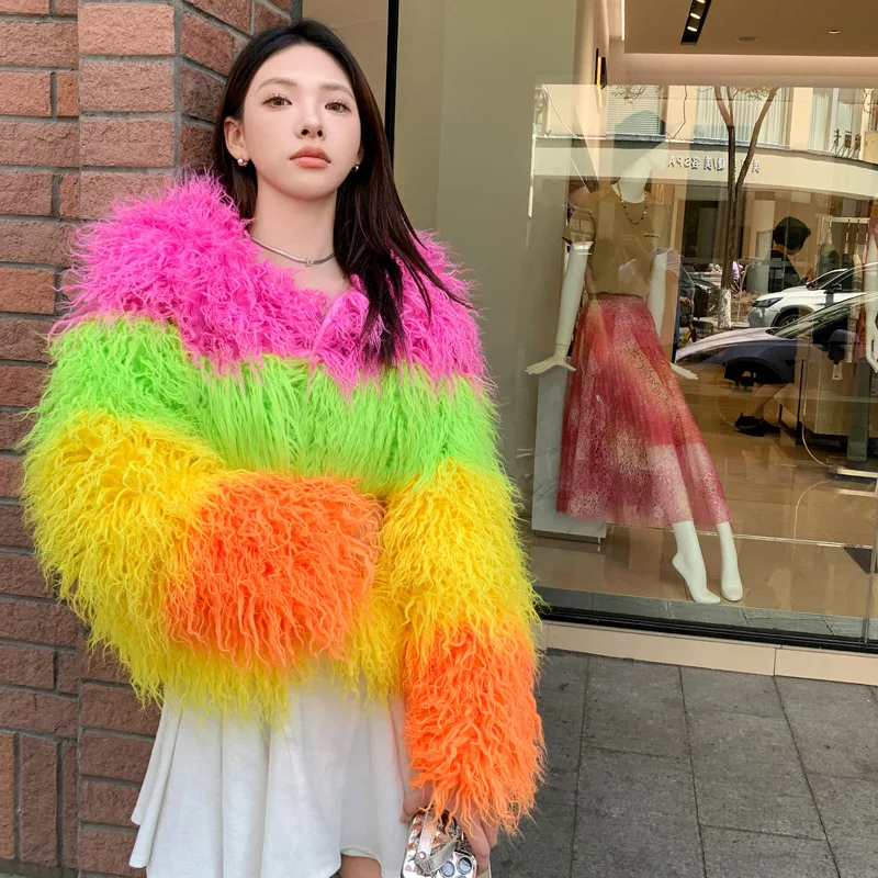 Chic Pink Green Yellow Orange Striped Contrast Rainbow Color Faux Fur Coat Imitation Mink Fur Coat Lambswool Furry Cardigan Tops