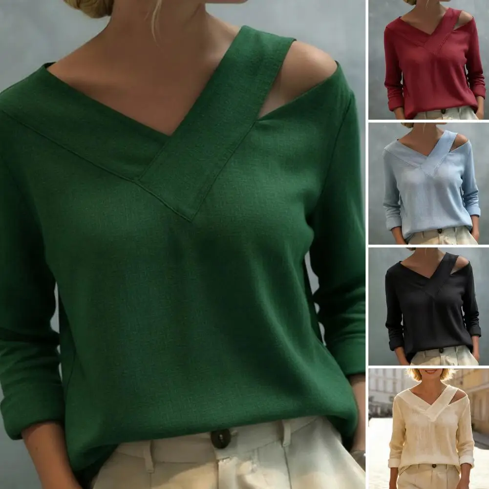 

Футболка свободного кроя для женщин, женский топ с V-образным вырезом и открытыми плечами, пуловер с длинными рукавами, свободный крой для повседневной носки