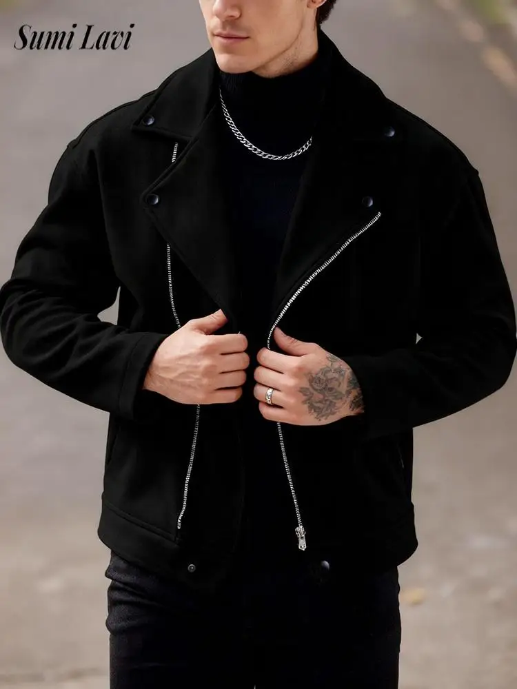 

Осень-зима, повседневная мужская шерстяная куртка, уличная одежда, винтажные куртки на молнии с лацканами для мужчин, модные однотонные шерстяные пальто