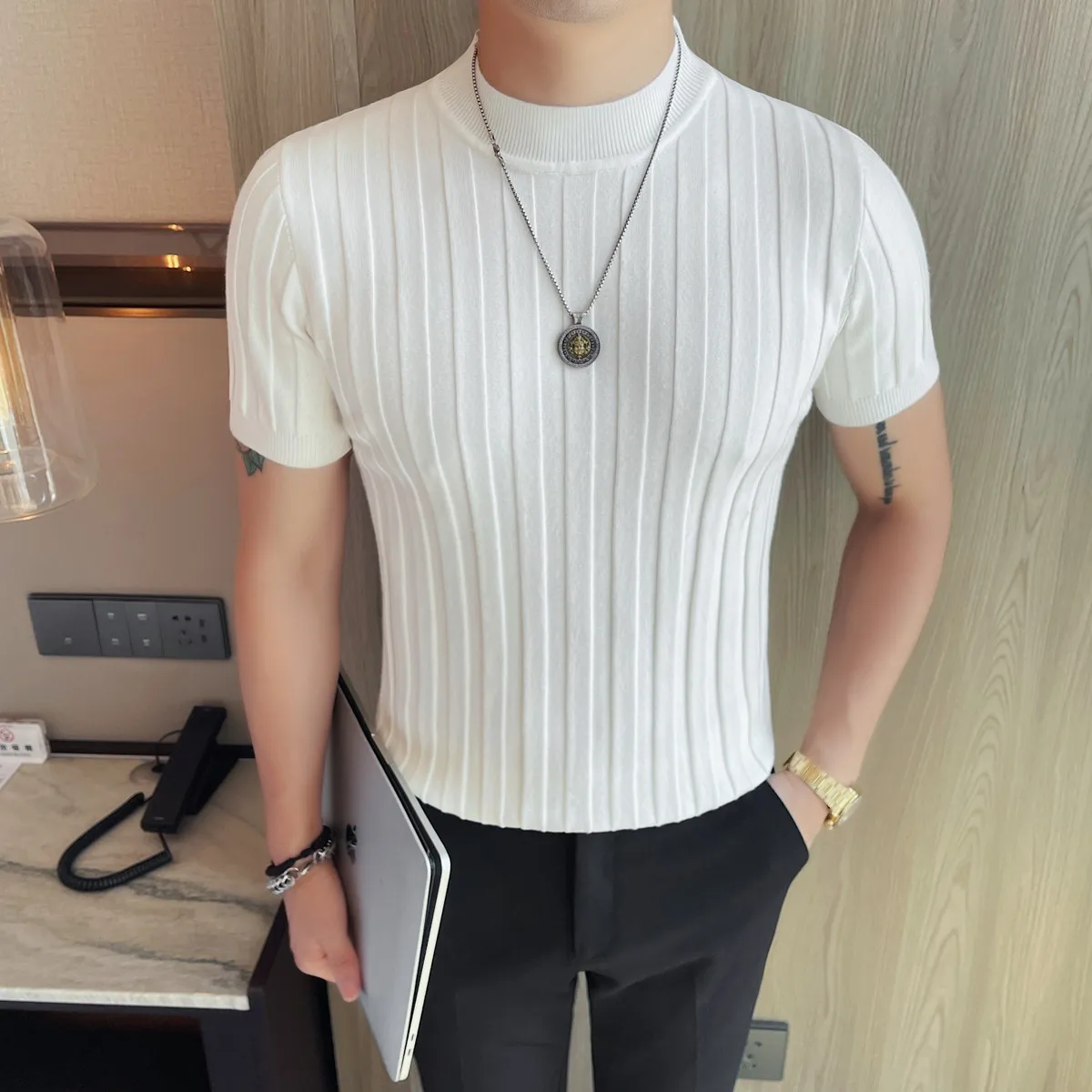 

Autumn Winter New Men Striped Sweaters Short Sleeve Half High Collar Slim Fit Elastic Knitted Mens Casual Sweater Pull Homme 4XL