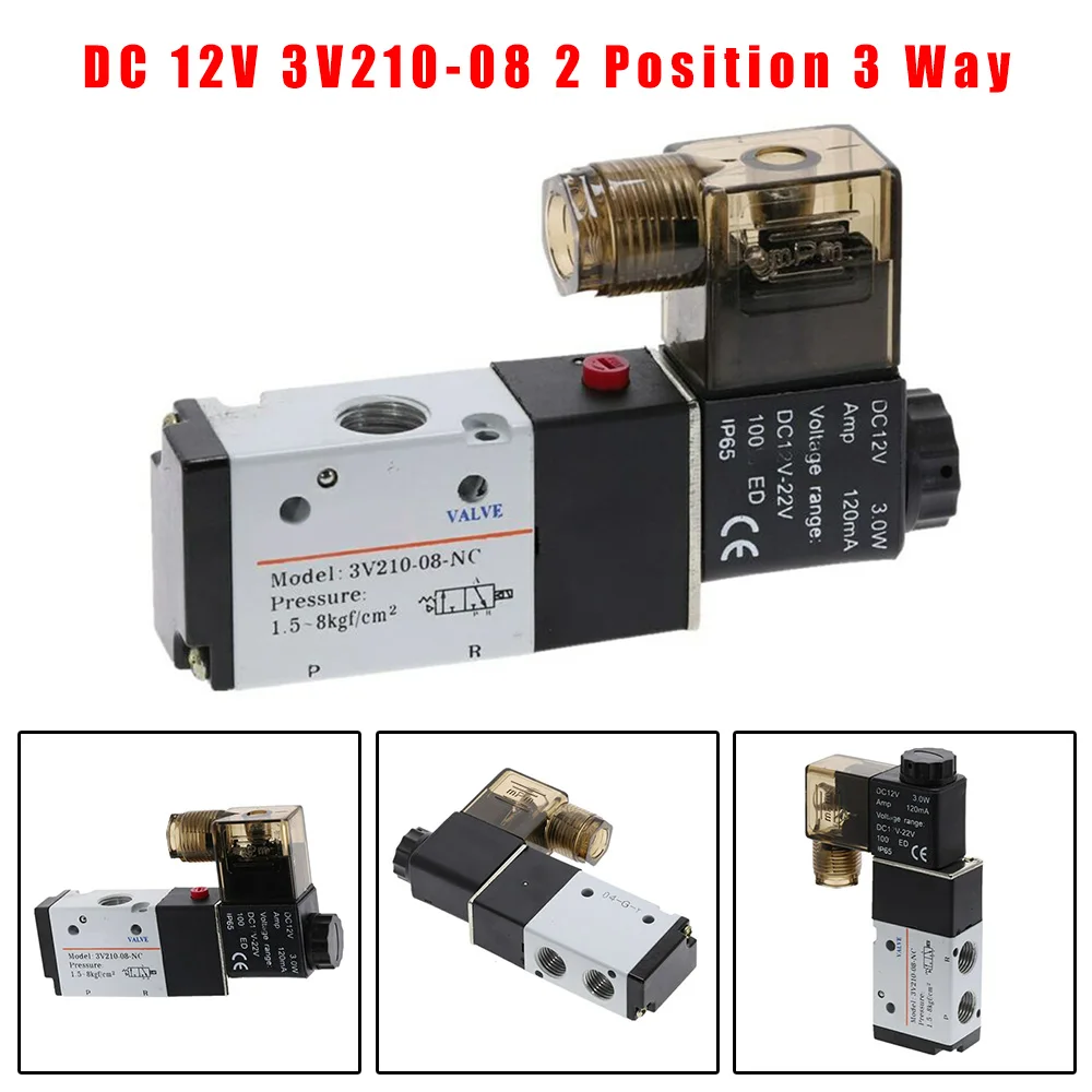 2 Position 3 Way DC 12V Pneumatic Solenoid Valve Model 3V21008 with Metal and Plastic Construction for Air Systems
