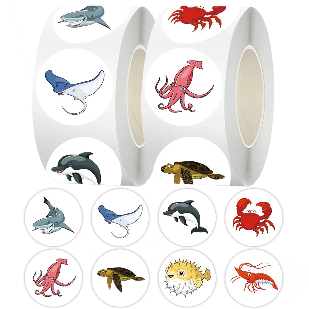 500pcs/Roll Marine Organisms Sealing Stickers Shark Cartoon Roll Decal DIY Luggage Phone Guitar Scrapbook Waterproof Sticker