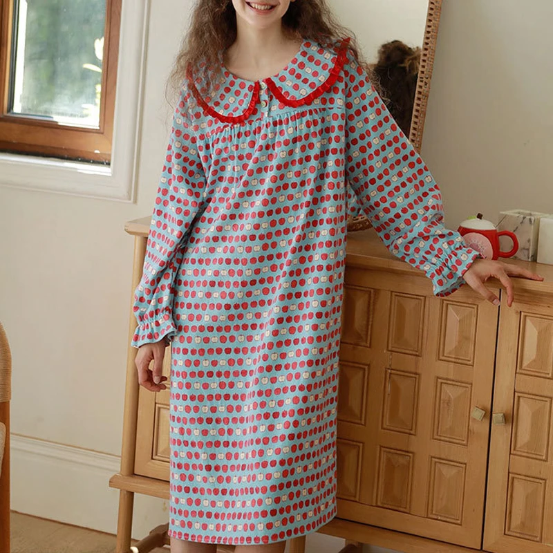 Cute Princess Nightgown Women Kawaii Apple Print Sleep Dress with Ruffle Peter Pan Collar Spring New Long Sleeve A-Line Nightie