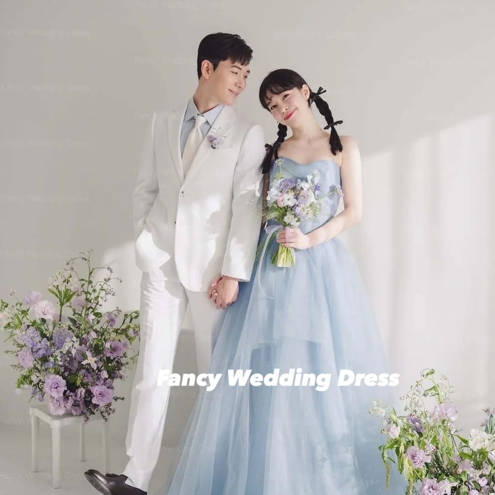 Fantasia semplice cielo blu tulle Corea matrimonio servizio fotografico abito innamorato abiti da sposa lunghezza pavimento corsetto posteriore personalizzato