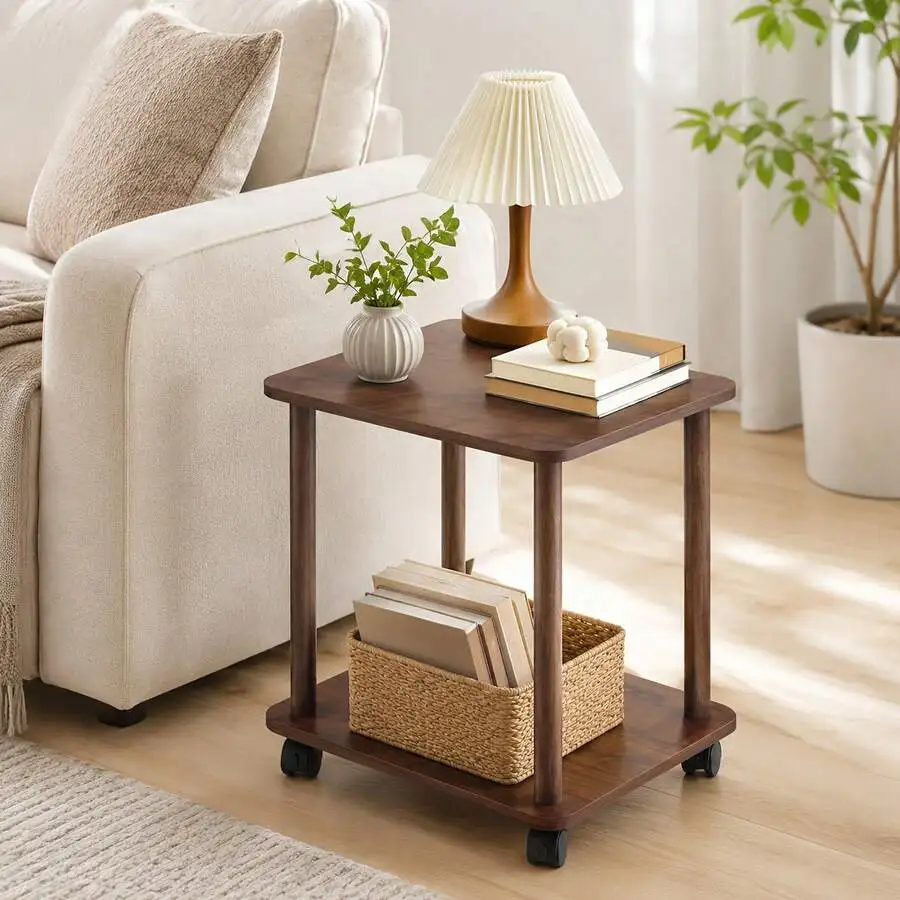1Pc 2‑Tier Mobile Coffee Side Table, Solid Wood Legs With Built‑In Casters, Space‑Saving Display Accent Table, For Dorm/Office/Reading Nook
