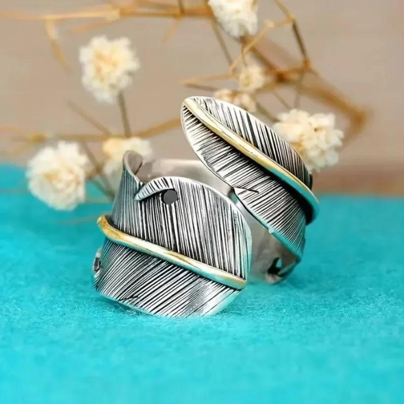 

Jianjie Unisex Opening Rings Hole Feather Shape Old Silver Metal Personality Accessories Party Ring Gifts Tide