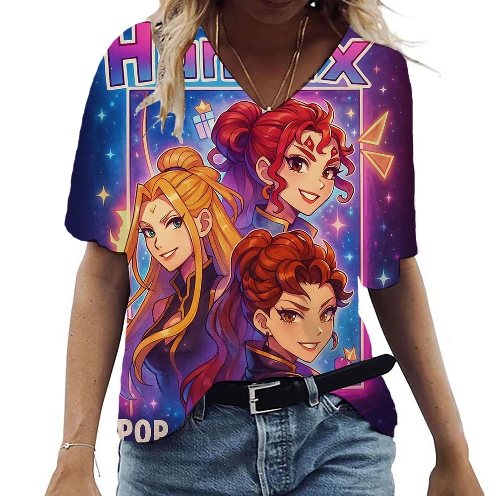 

Fashion Women T Shirt KPop Demon Hunters Print V Neck Short Sleeve Basic Tops Streetwear Summer Clothing Female T-Shirts