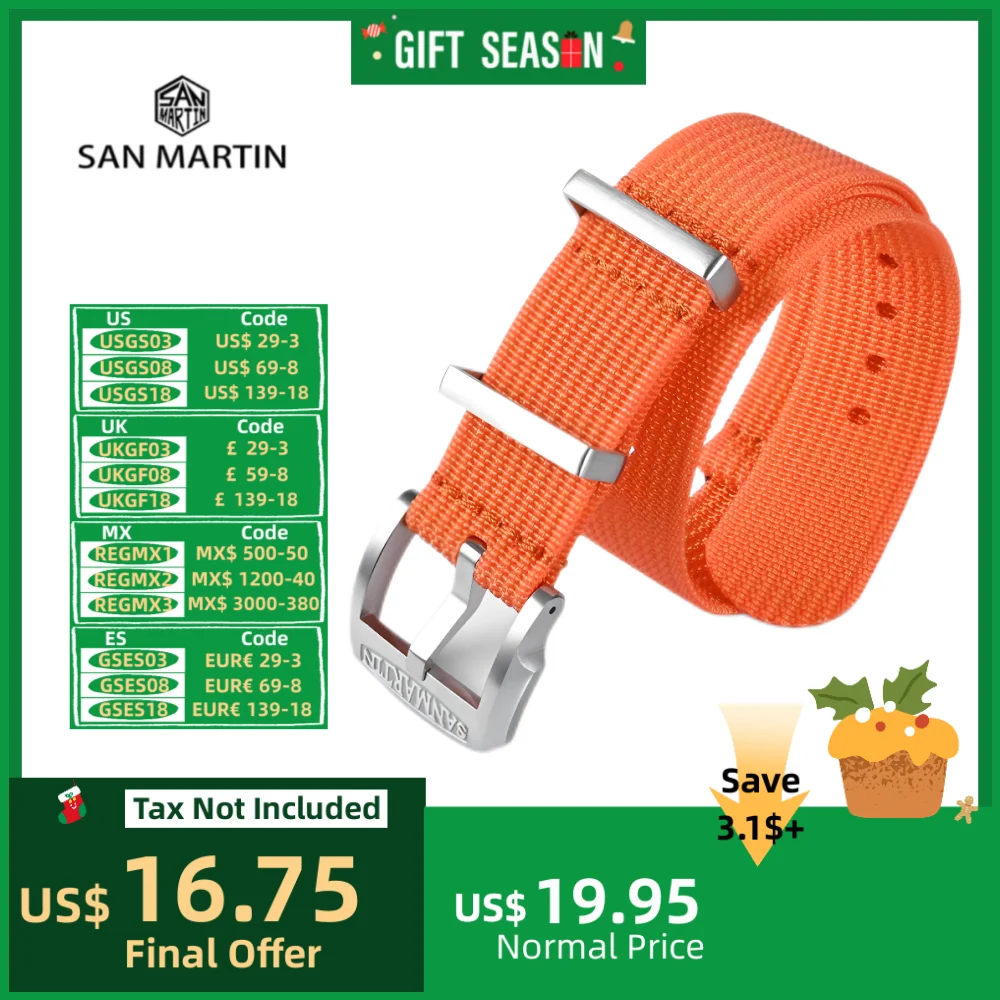 San Martin Nylon Loop Strap For Watch Army Sport Watchband 20mm 22mm Woven 316L Stainless Steel Pin Buckle Correas BD0009