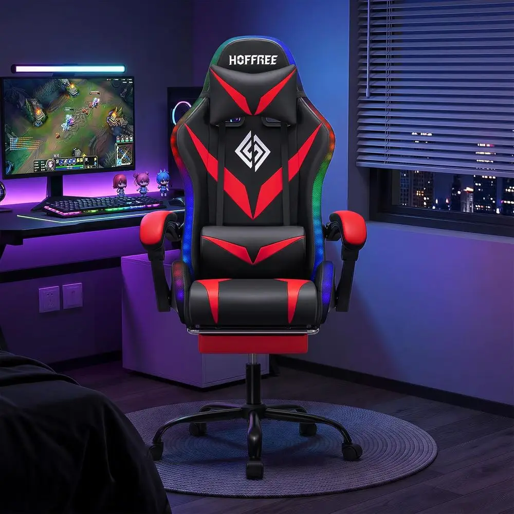 Ergonomic High-Back Gaming Chair with Massage, LED Lights, and Adjustable Lumbar Support - Red and Black view 2