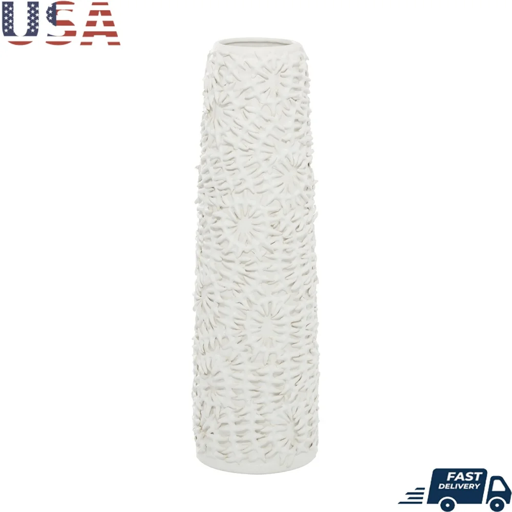 

21 Inch Floral Embossed White Ceramic Vase with Pine Leaf Design Ideal Indoor Decor and Flower Display