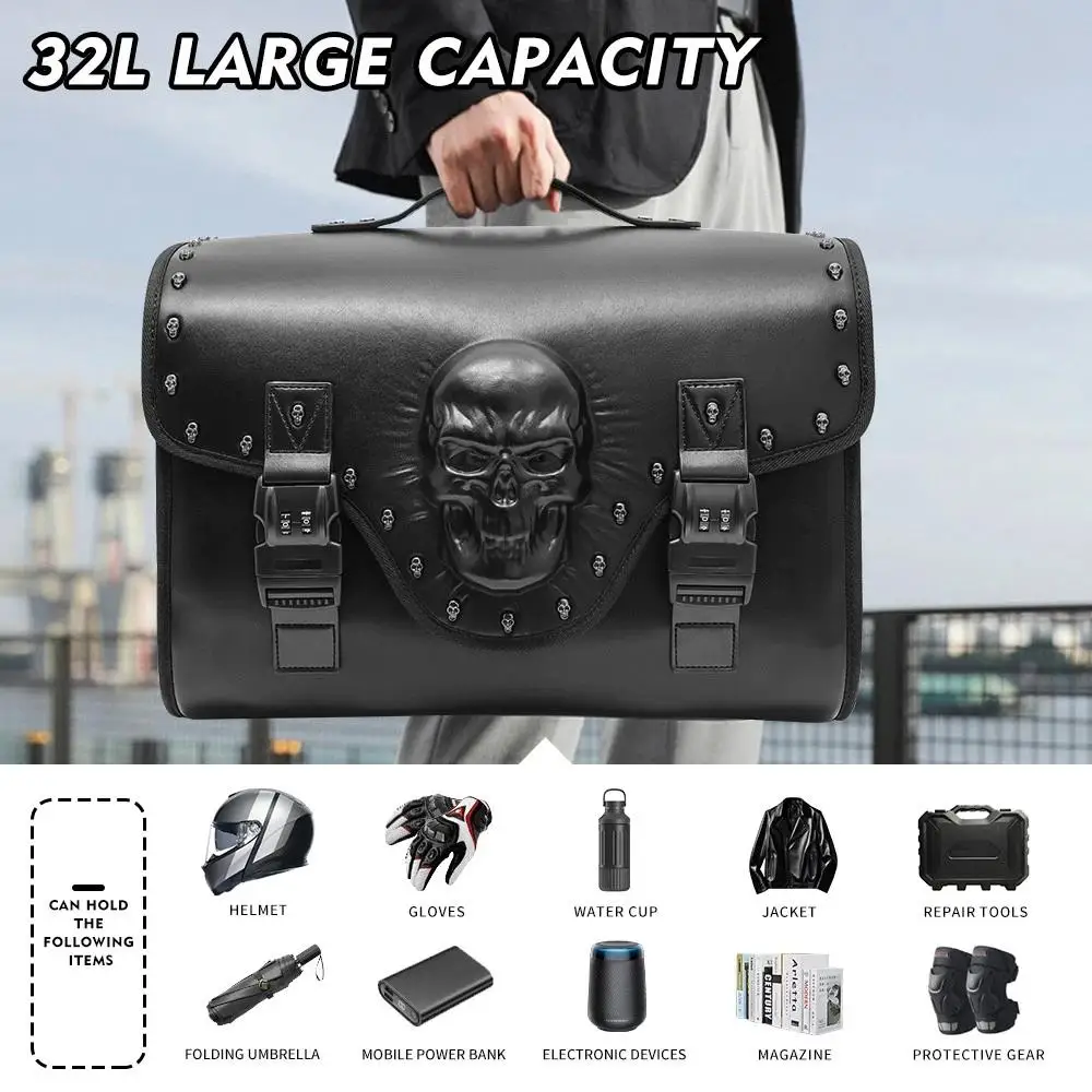 Motorrad-Topcase mit 3D-Totenkopf-Prägung, Nieten-Verzierung, 32L Großraum, Wasserdichtes Leder, für Outdoor-Camping und Reisen