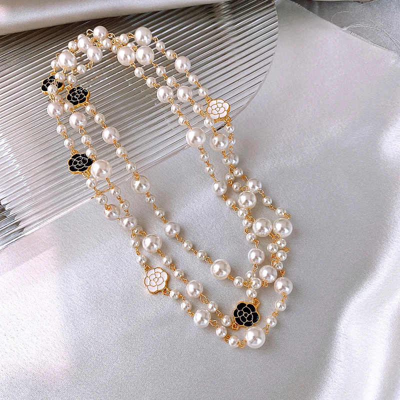 Elegant Vintage Double Layers Camellia Pearl Long Necklace For Women Lady Exquisite Sweater Coat Collar Pendant Chains Jewelry