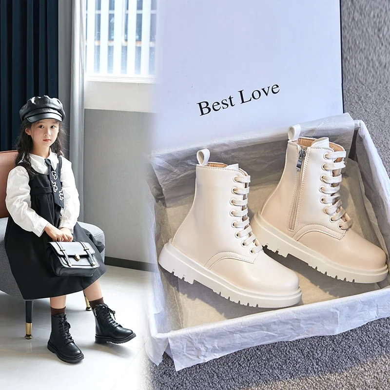 Girl Leather Long Microfiber Skin Fleece Performance High Tube Cotton Fashion Boots Children Girls Lace-up Round Toe Boots