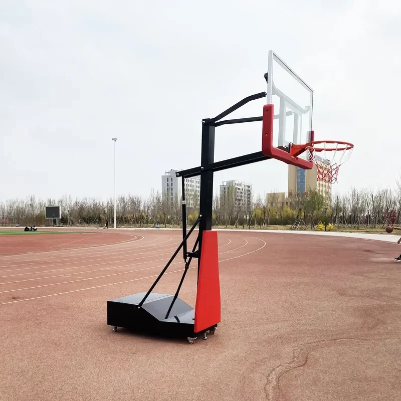 Portable Metal Height Adjustable Basketball Hoop Tempered Glass Backboard Movable Base Breakaway Rim for Indoor Training