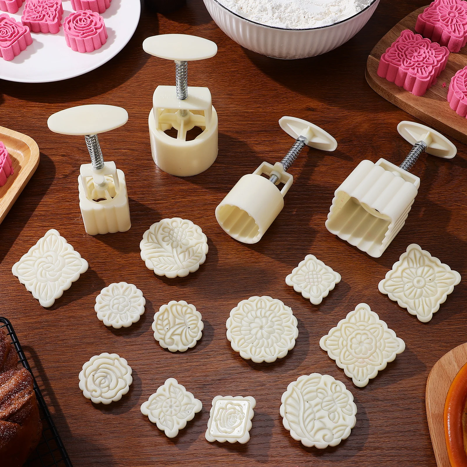 

4 Piece Set Mooncake Molds H Pressure White Color Baking Supplies DIY Cookie Stamps Safe Material Traditional Shapes