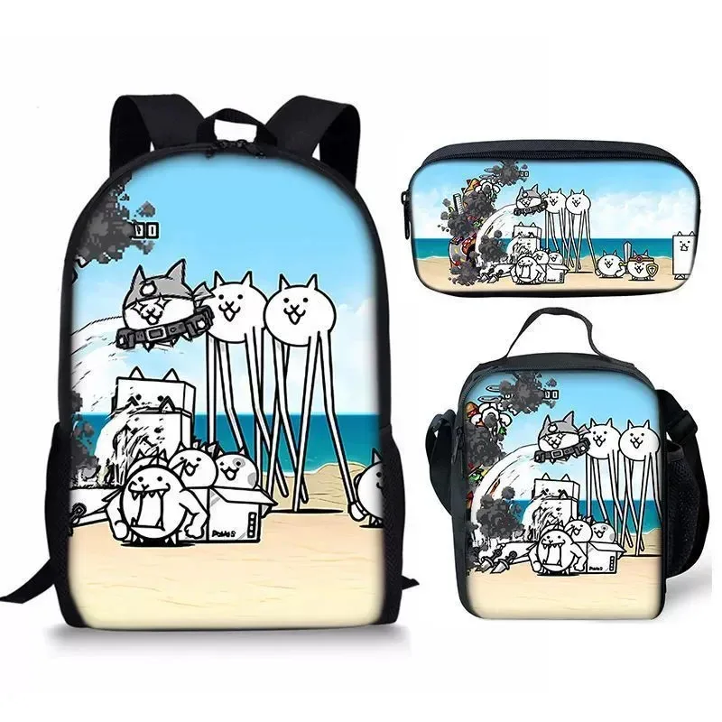 25COSThe Game Battle Cats حقيبة ظهر مدرسية حقيبة غداء مقلمة مجموعة للأطفال الطلاب