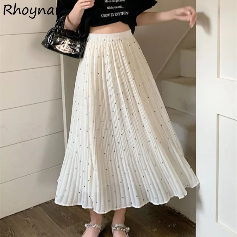 

Dots Skirts Women Summer Korean Style Midi Elastic Waist Pleated Drape Slim Thin Chiffon Cozy Leisure Daily All-match Popular