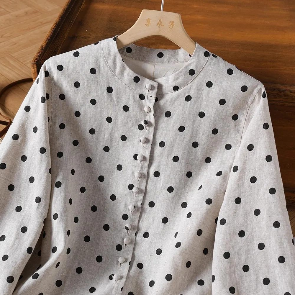 ربيع الخريف فضفاض طويل Sve المرأة سترة عادية Sle الرجعية البولكا نقطة أعلى ort طول زر حتى مزيج القطن والكتان #2