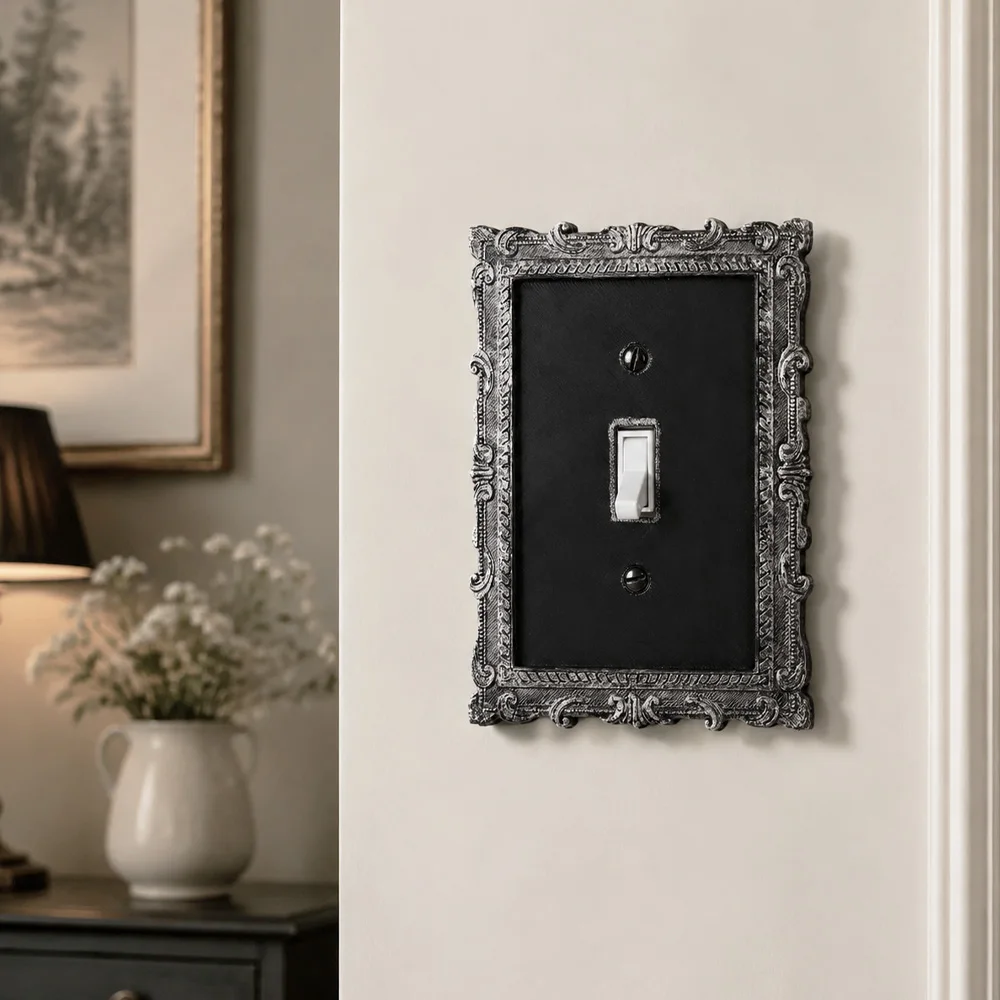 Cross-border Vintage Aged Silver Black Baroque Carved Switch Outlet Plate Cover, European Embossed Scroll Wall Light Socket Deco
