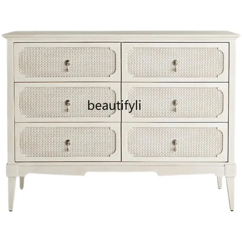 

zqFrench Solid Wood Bedroom Chest of Drawers Rattan Cabinet Retro Living Room TV Cabinet Hallway Drawer Storage Cabinet