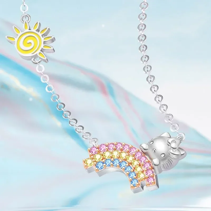 

Sanrio Kawaii Anime HelloKitty Necklace Cute Sweet Delicate Romantic Rainbow Sunlight Silver Diamonds Girl Jewelry Birthday Gift