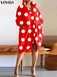 VONDA Plus rozmiar 5XL kobiety nieregularna sukienka 2024 główna ulica Polka Dot Sundress skręcić w dół kołnierz sukienka Party Vestido Casual Robe