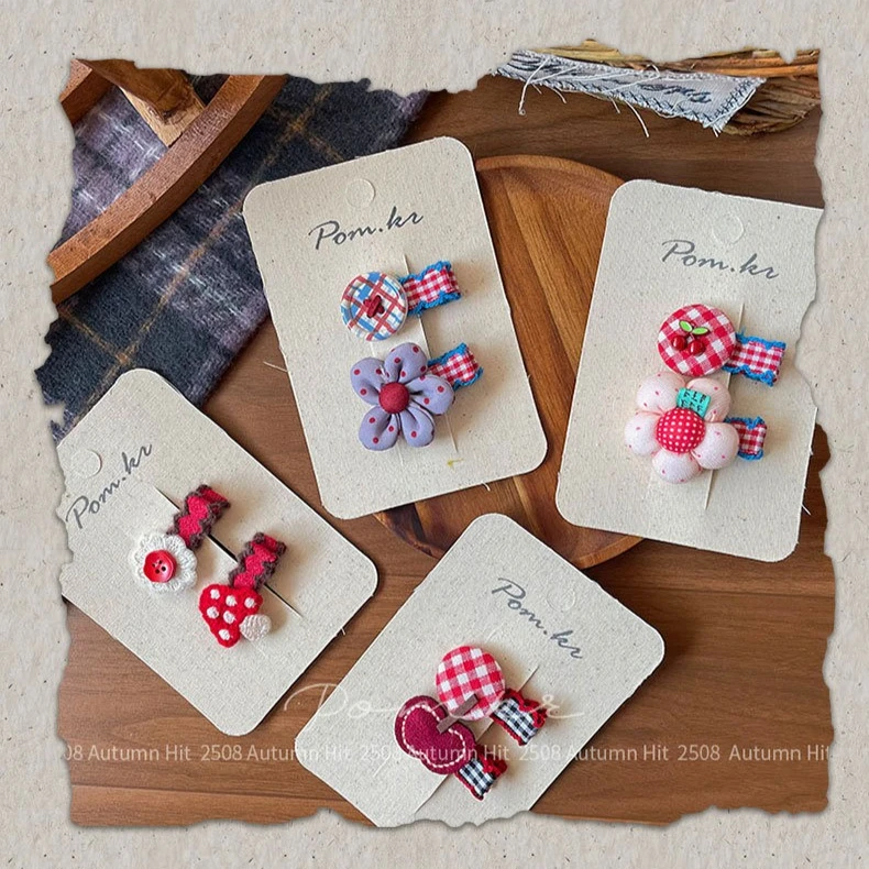 

New Sweet Red Plaid Flower Fabric Hair Clips for Kids Side Bang Barrettes Fringe Holders Pair Cute Toddler Daily Headwear