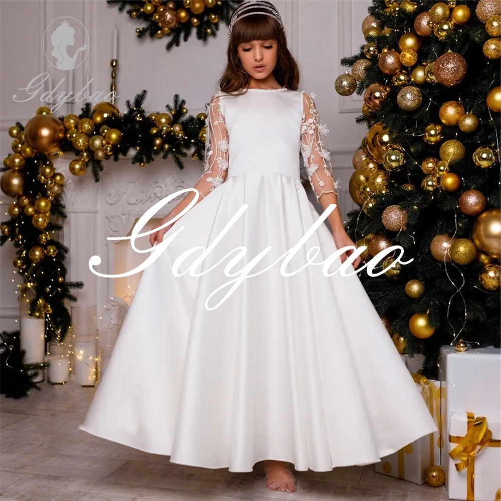 

Bow Elegant Flower Girl Dresses Satin A Line Floor Length Three Quarter Illusion Sleeves Pageant Gown Birthday Communion