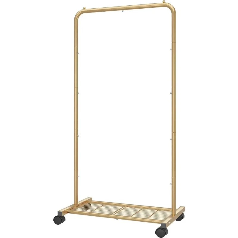 Standard Clothes Garment Rack, Clothing Rolling Rack with Mesh Storage Shelf on Wheels, Golden Yellow