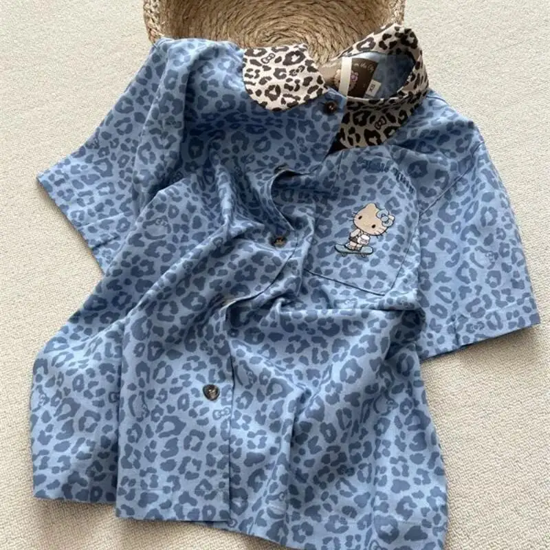 

Sanrio Hello Kitty Sexy Nightie Y2K Summer Pajamas Shorts Short Sleeve Sleepwear Kawaii Cartoon Nightie Leopard Print Home Wear