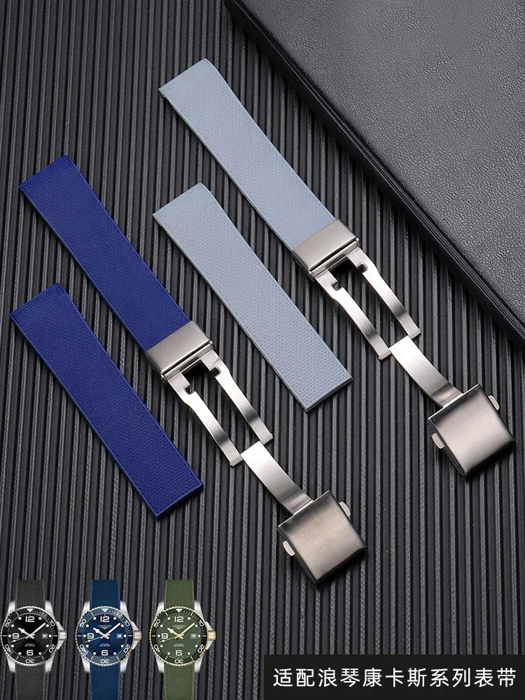 Curved End Rubber Watch Strap for Longines Conquest HydroConquest L3.781 642 742 782 Sports Diving Silicone Blue Watchbands 21mm view 4