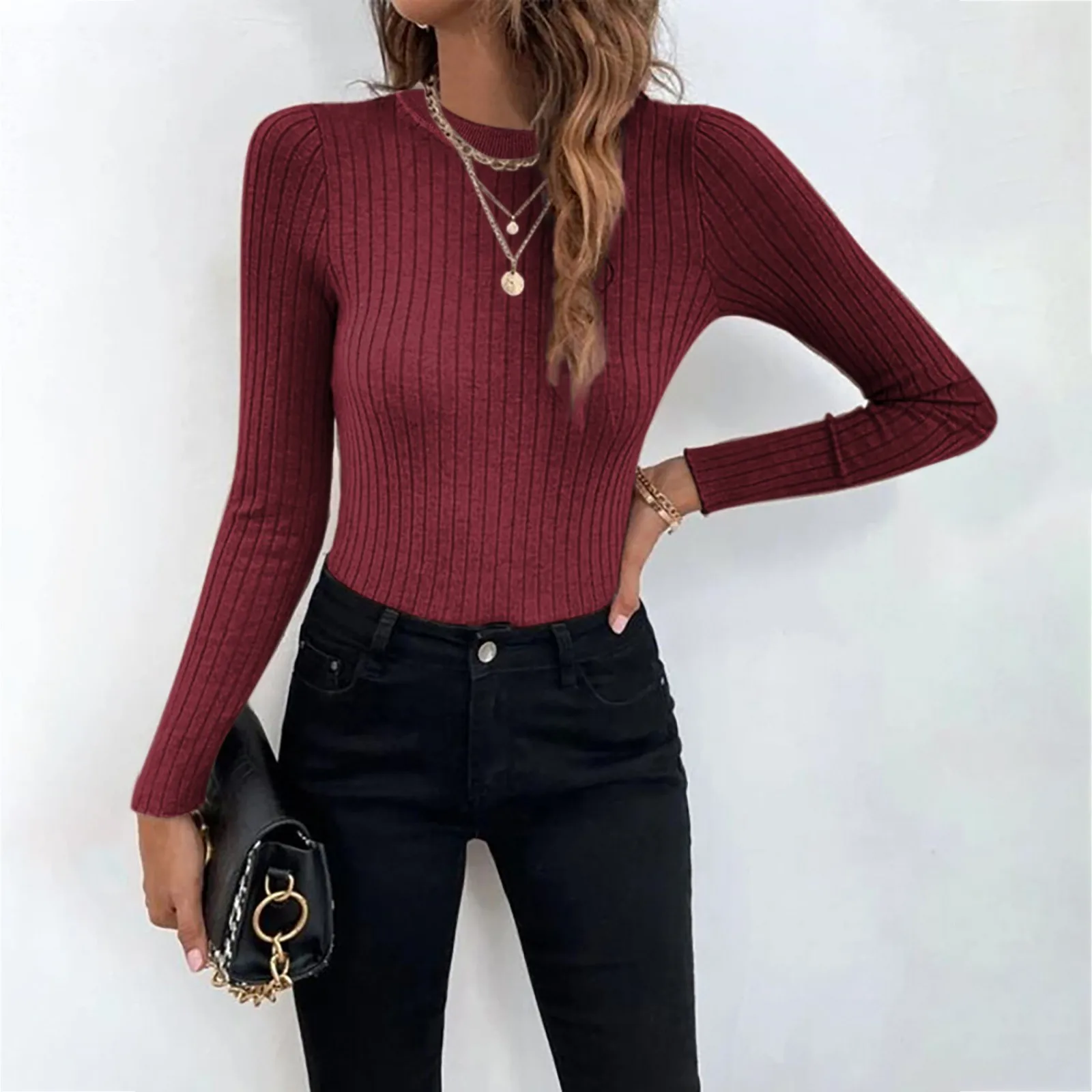 Women'S Solid Color Knit Sweater Crew Neck Long Sleeve Slim-Fit Fashion Pullover Casual All-Matching Temperament Sweater