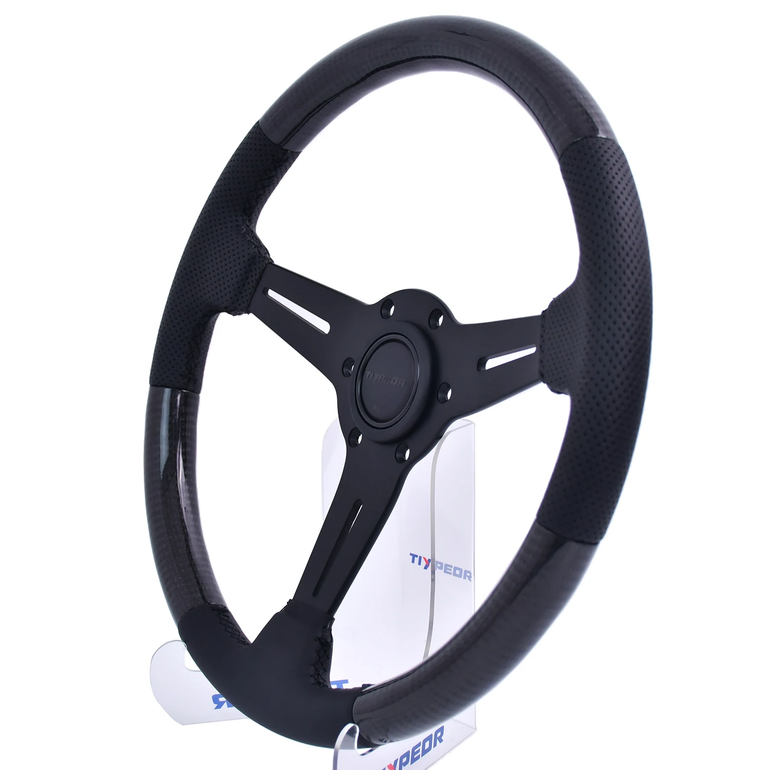 TIYPEOR 14inch Leather Steering Wheel Classic Vintage Carbon Film Racing Sports Steering Wheel